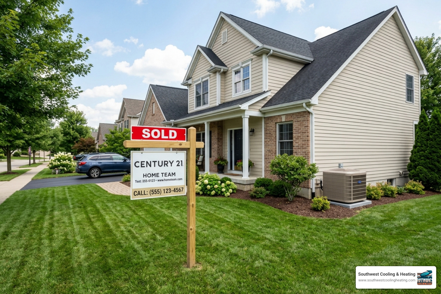 Real estate 'Sold' sign in a front yard with a new HVAC condenser unit visible in the background - how a new hvac system Real estate 'Sold' sign in a front yard with a new HVAC condenser unit visible in the background - how a new hvac system