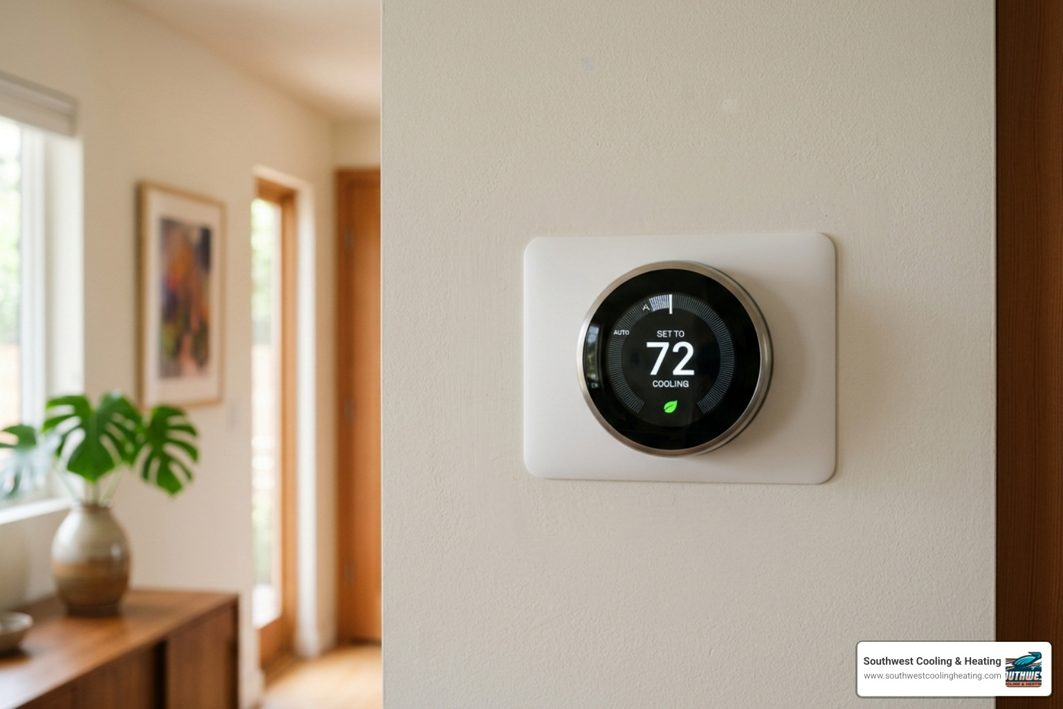Digital thermostat on a wall showing 72 degrees and an 'Energy Savings' leaf icon - how a new hvac system increases home Digital thermostat on a wall showing 72 degrees and an 'Energy Savings' leaf icon - how a new hvac system increases home