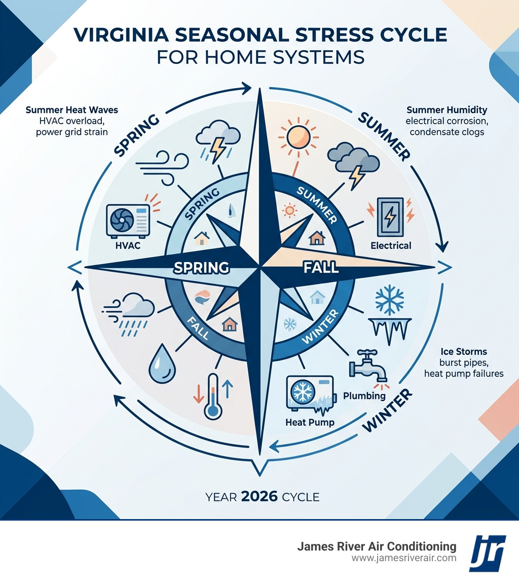 Seasonal stress cycle infographic for Virginia HVAC, plumbing, and electrical systems by weather event - how virginia Seasonal stress cycle infographic for Virginia HVAC, plumbing, and electrical systems by weather event - how virginia