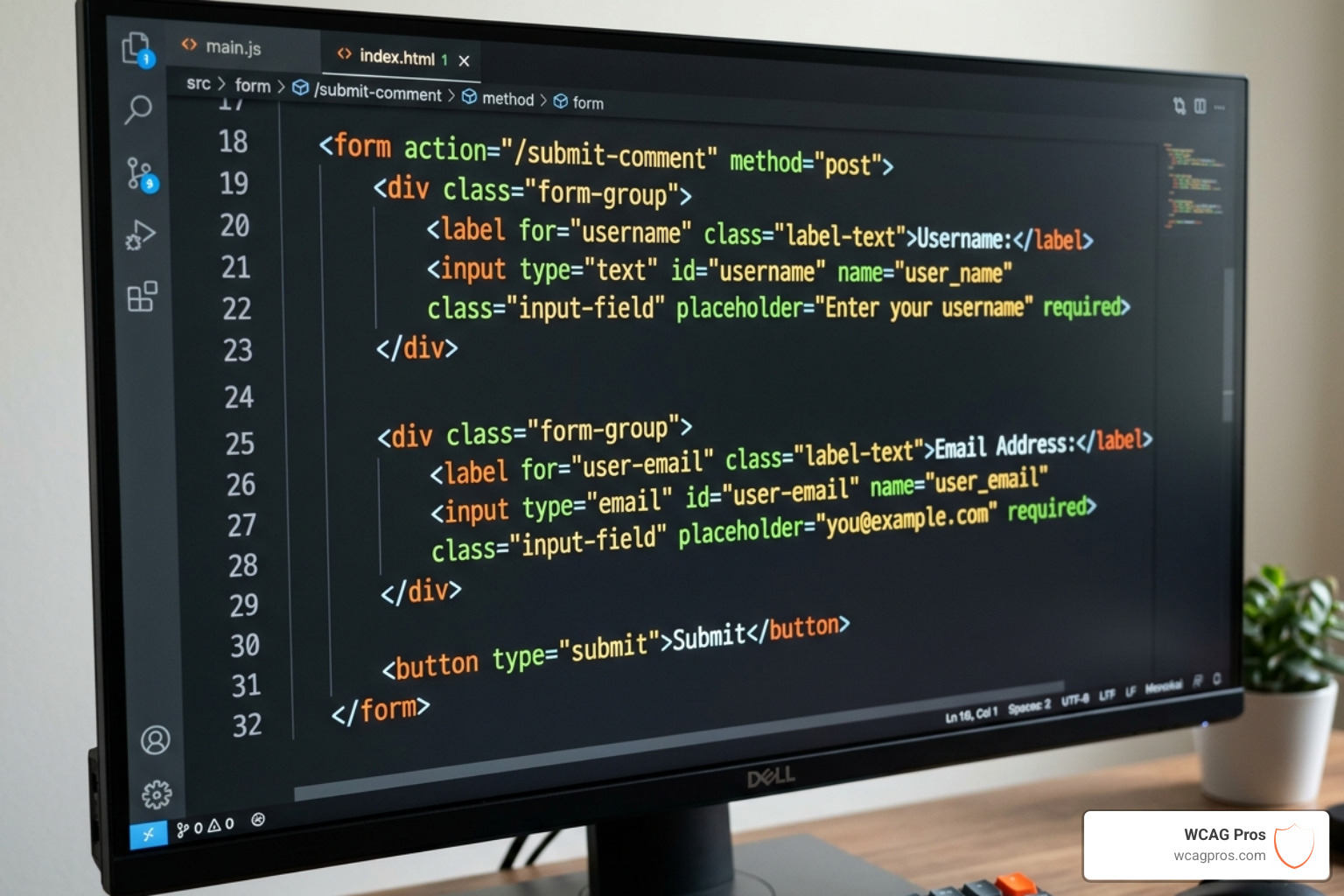 Code snippet showing a proper HTML label with a for attribute matching the input id - ada form accessibility fix Code snippet showing a proper HTML label with a for attribute matching the input id - ada form accessibility fix