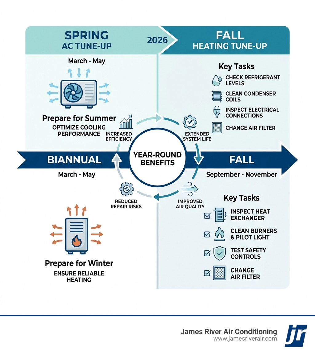 Infographic showing biannual HVAC service schedule with spring AC tune-up and fall heating tune-up timeline - how often Infographic showing biannual HVAC service schedule with spring AC tune-up and fall heating tune-up timeline - how often