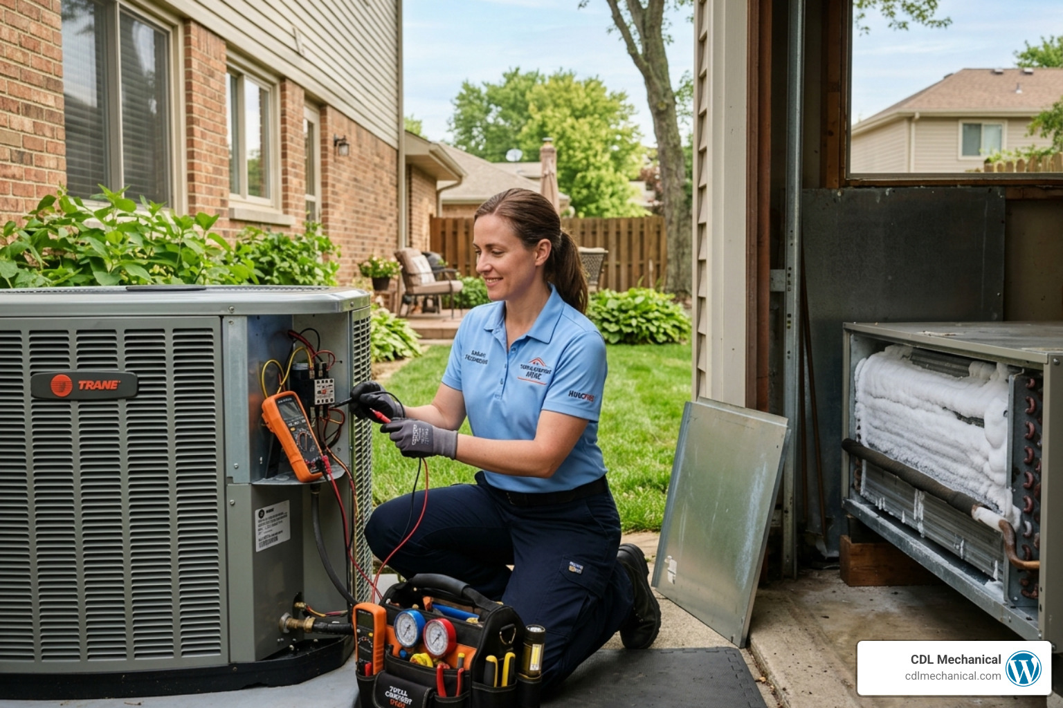HVAC technician inspecting a unit for common failure signs like frozen coils or electrical issues - what to do when your