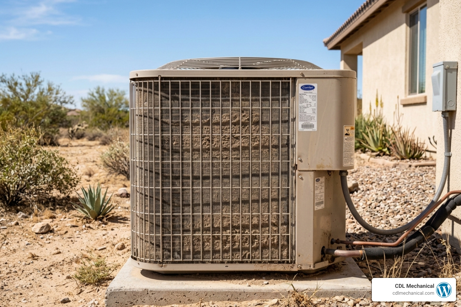 Dusty condenser coils on an outdoor AC unit in a desert yard - how long does an ac last in the desert Dusty condenser coils on an outdoor AC unit in a desert yard - how long does an ac last in the desert