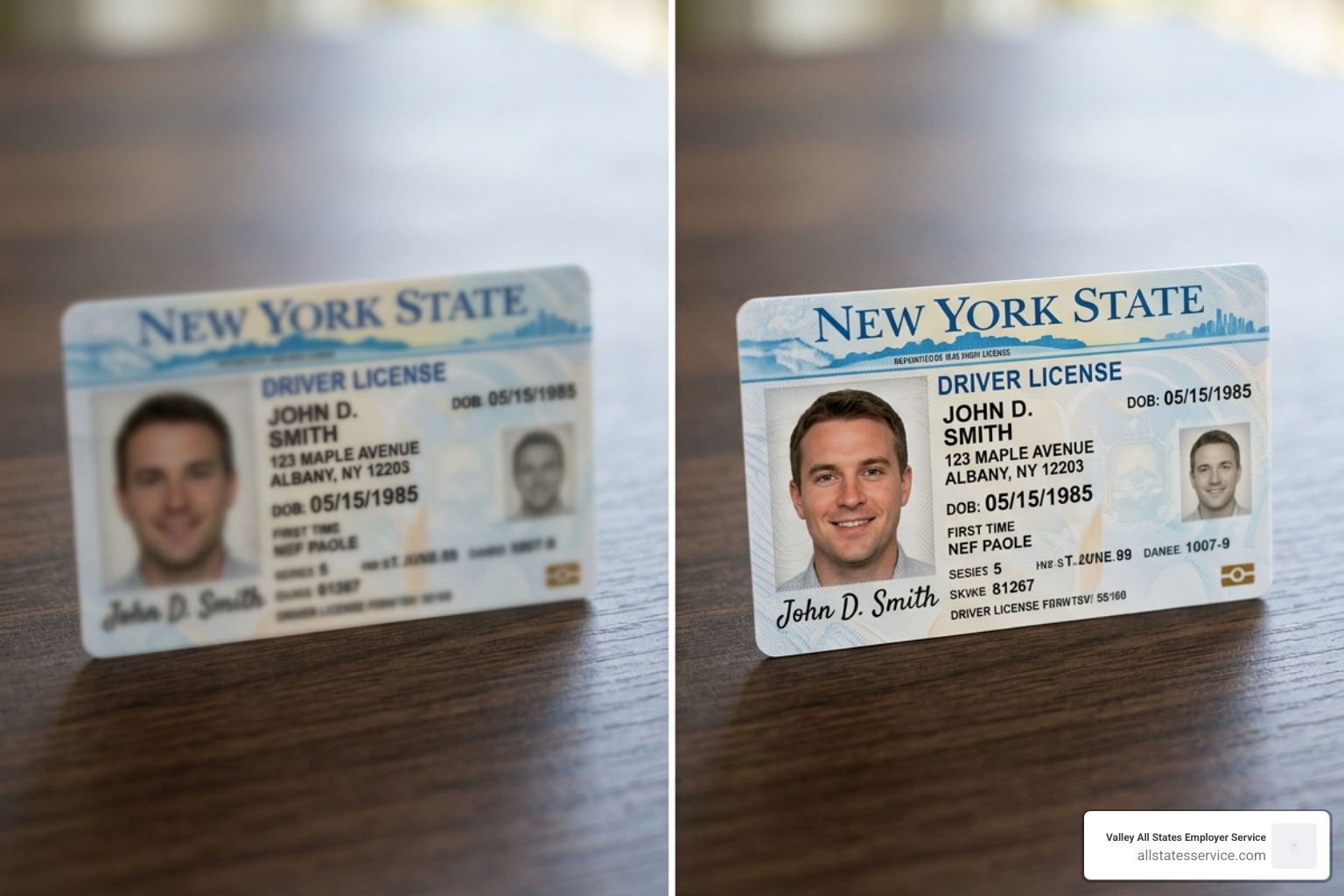 Comparison showing a blurry ID photo versus a clear, well-lit ID photo - clearpay id verification