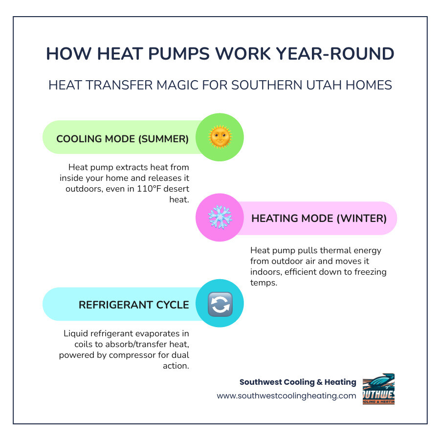 infographic explaining how heat pumps move heat during summer and winter - heat pump benefits for southern utah homeowners infographic explaining how heat pumps move heat during summer and winter - heat pump benefits for southern utah homeowners