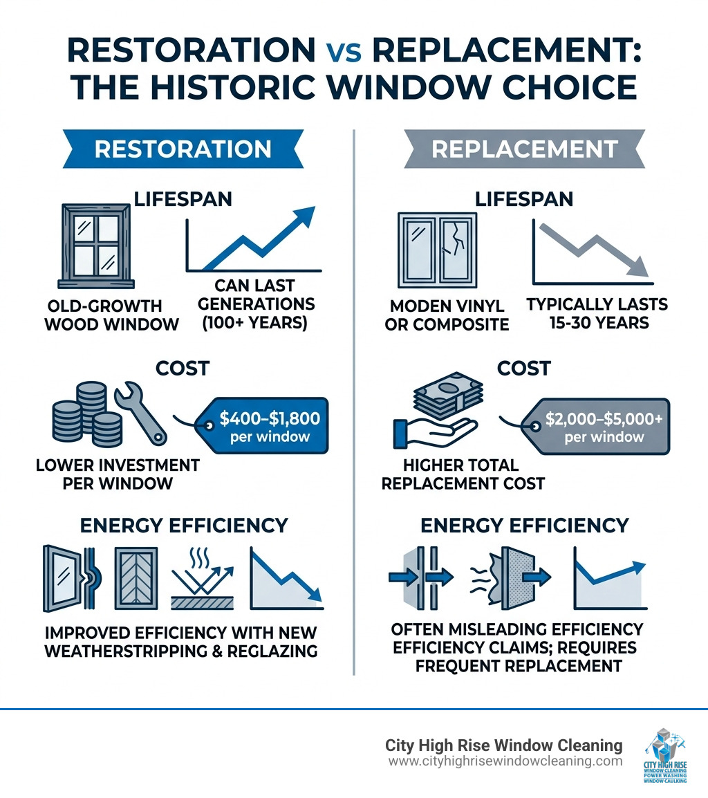 Infographic showing key benefits of historic window restoration vs. replacement including lifespan, cost, and energy Infographic showing key benefits of historic window restoration vs. replacement including lifespan, cost, and energy