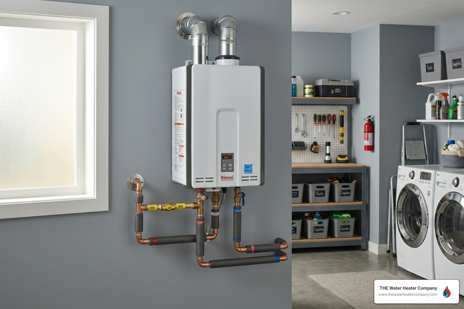 High-efficiency tankless water heater installed in a modern home - choosing between gas and electric for your home High-efficiency tankless water heater installed in a modern home - choosing between gas and electric for your home