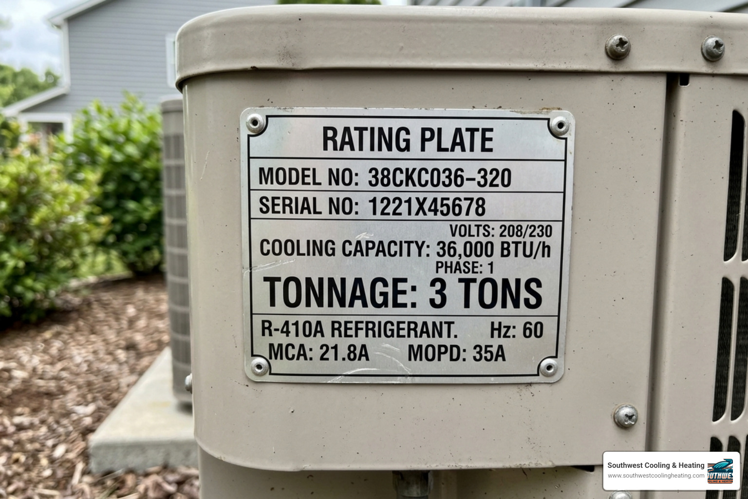 HVAC rating plate showing BTU and tonnage data - why correct system sizing matters for your home
