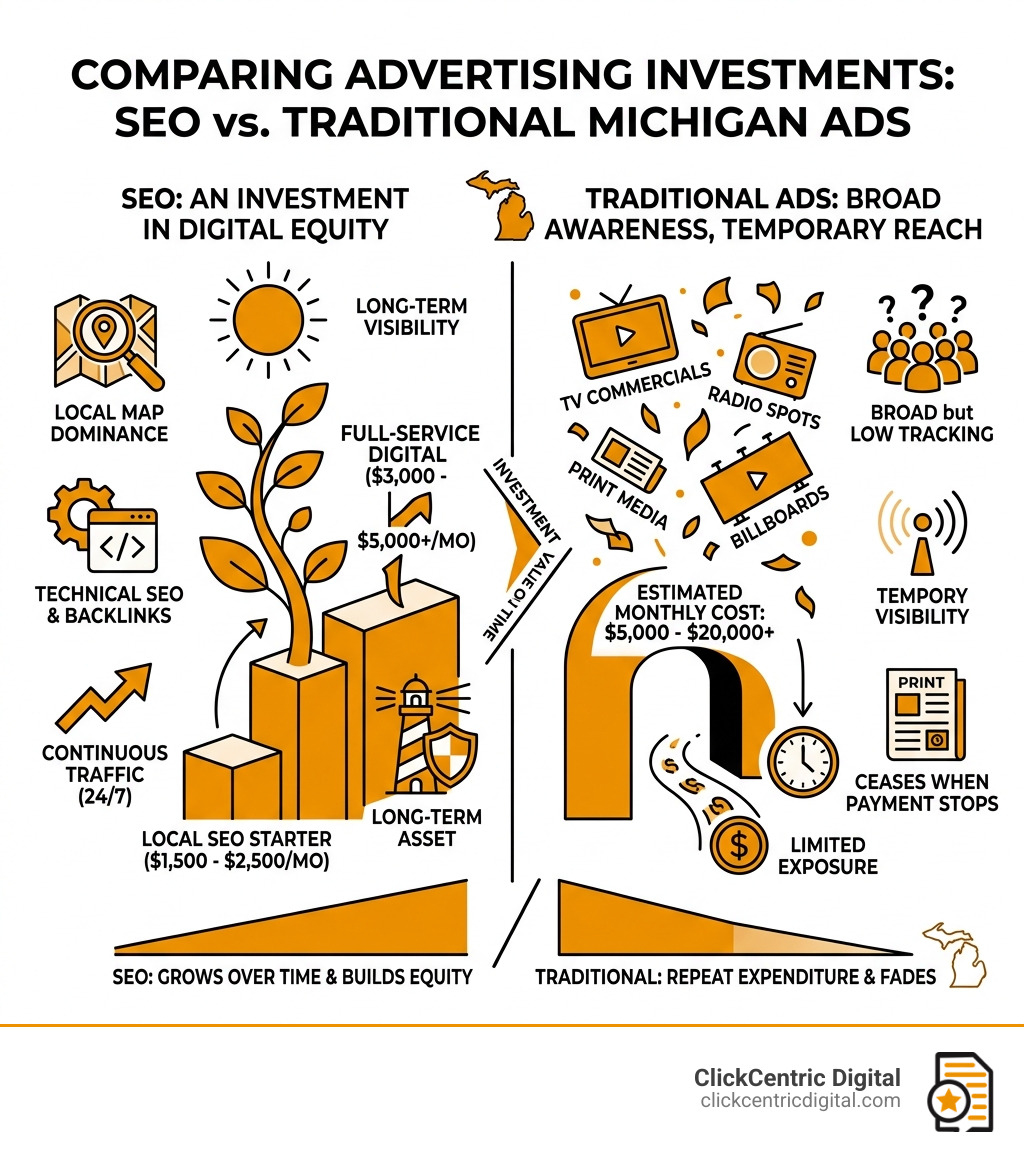 Comparison of SEO costs vs traditional Michigan advertising - michigan seo company infographic 