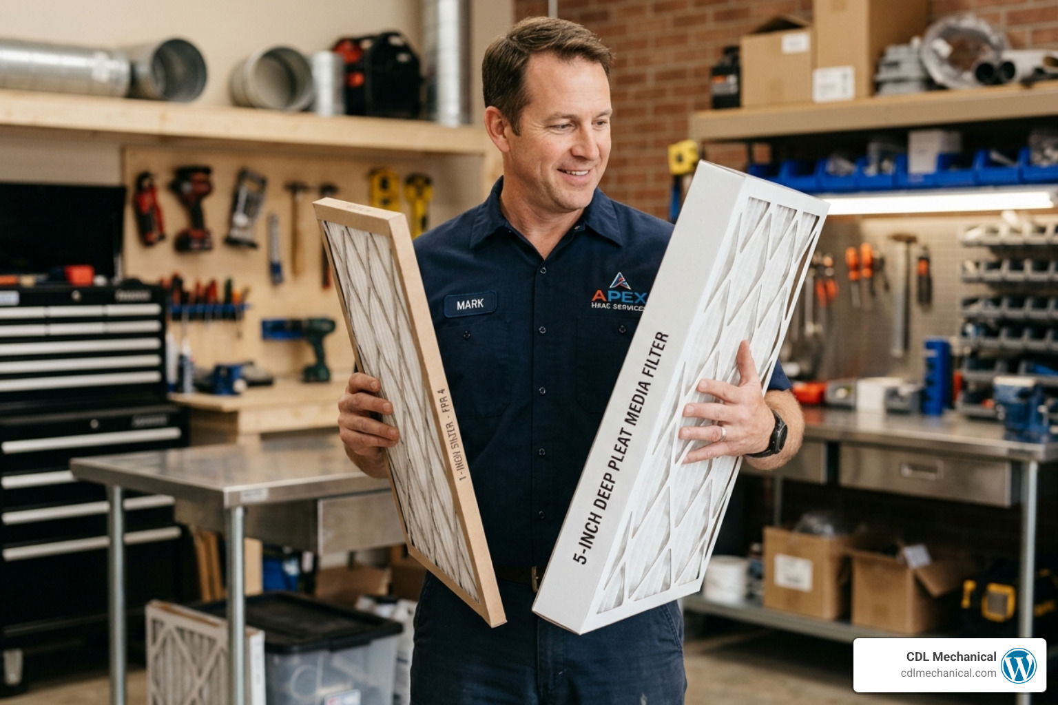 A technician comparing a thin 1-inch filter to a thick 5-inch media filter - best air filter for your home A technician comparing a thin 1-inch filter to a thick 5-inch media filter - best air filter for your home