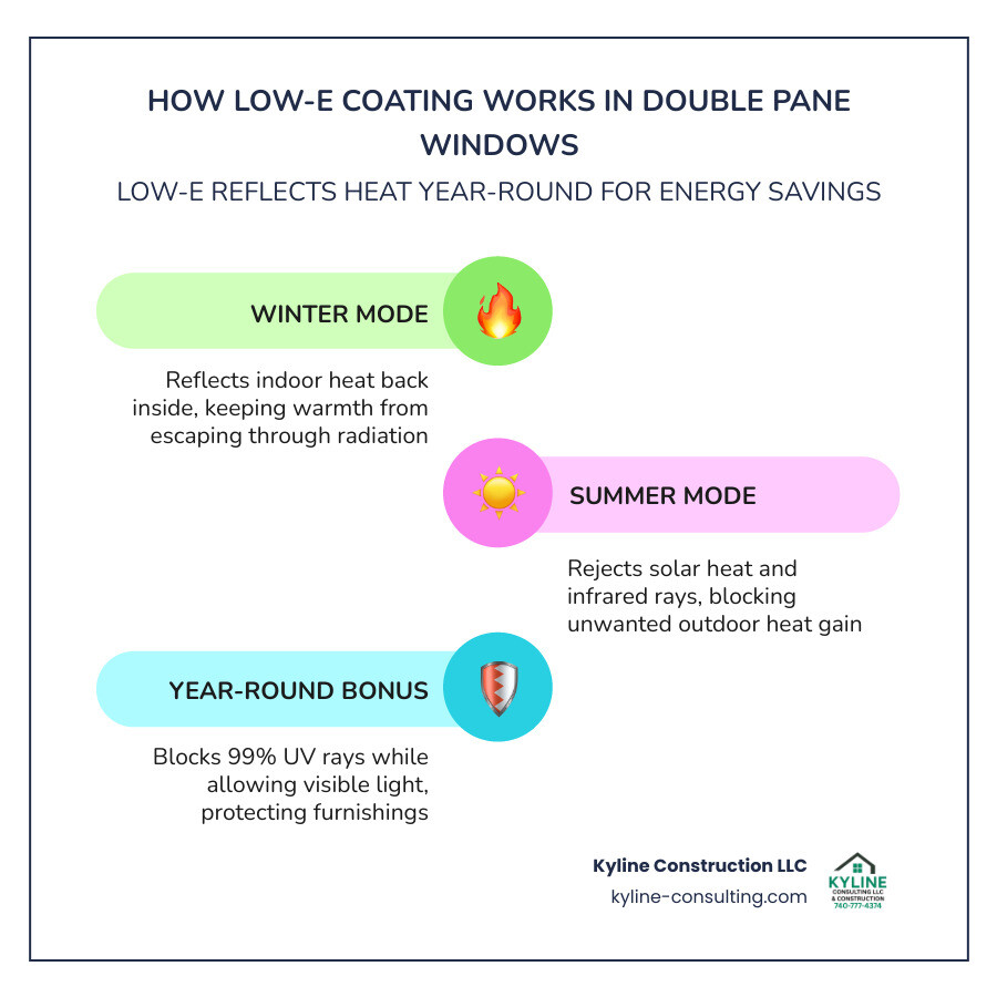 Infographic showing how Low-E coating reflects heat in winter and summer in a double pane window unit - double pane low e