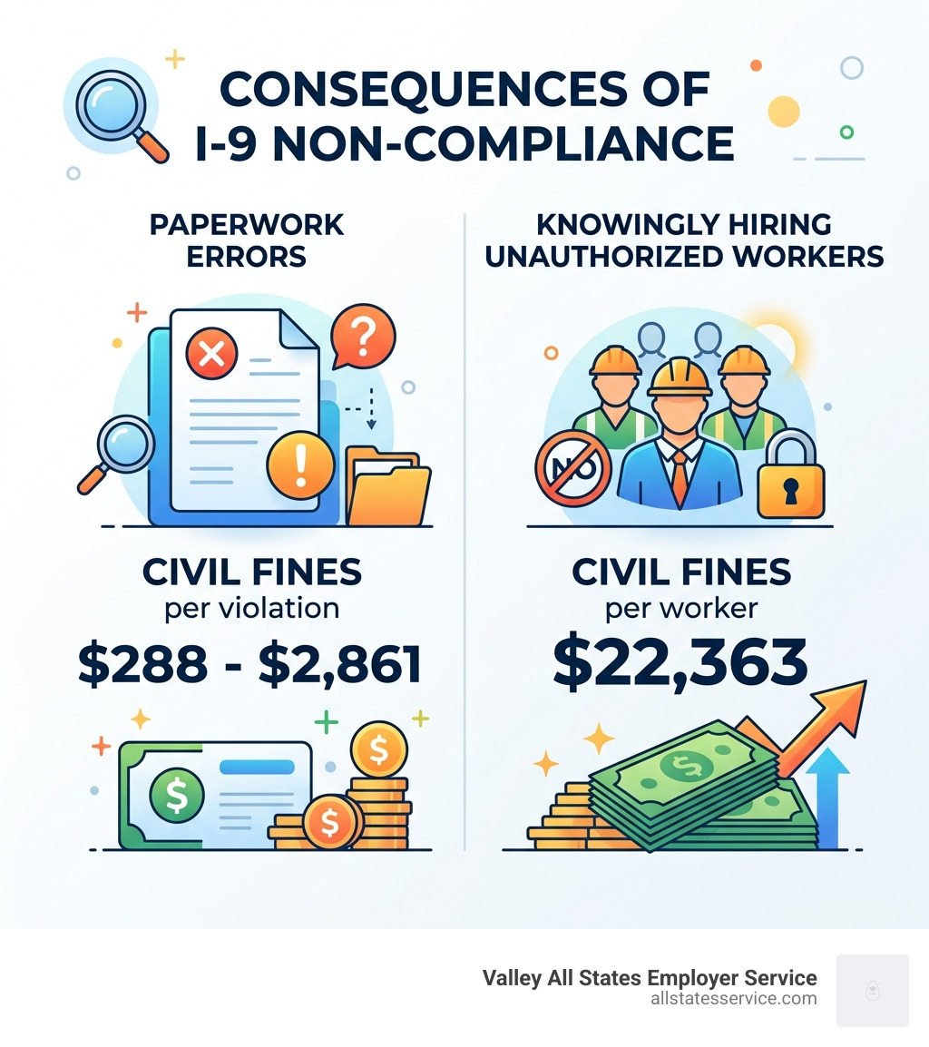 Infographic showing that civil fines for paperwork errors can range from $288 to $2,861 per violation, while knowingly