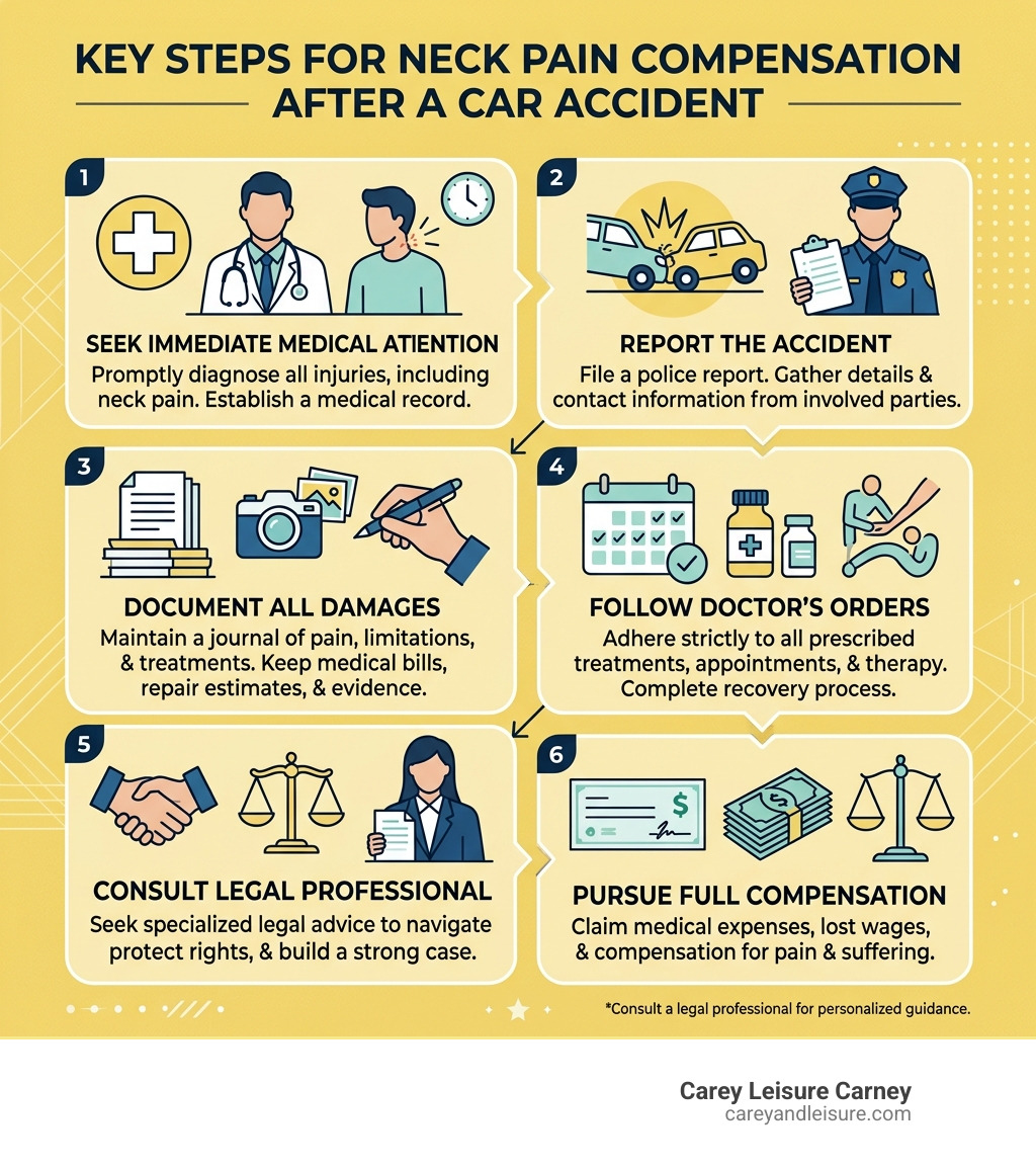 Key steps to take for neck pain compensation after a car accident - neck pain after car accident compensation infographic 
