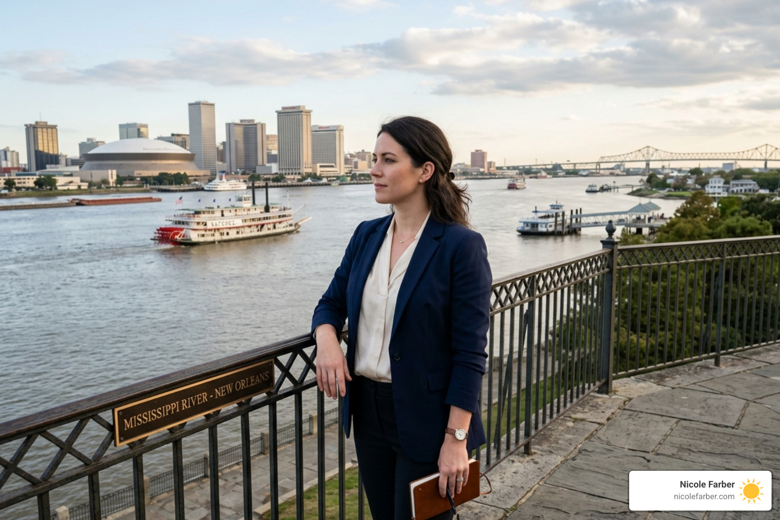 Professional woman overlooking the Mississippi River, reflecting on her career path - new orleans life coach