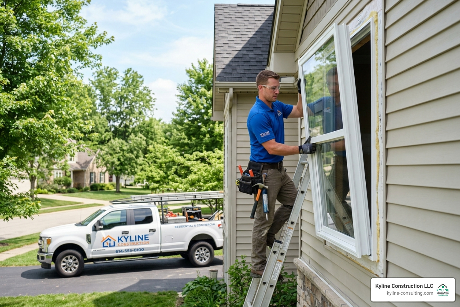 A professional contractor from Kyline Construction installing a window on a residential home in Central Ohio with a branded