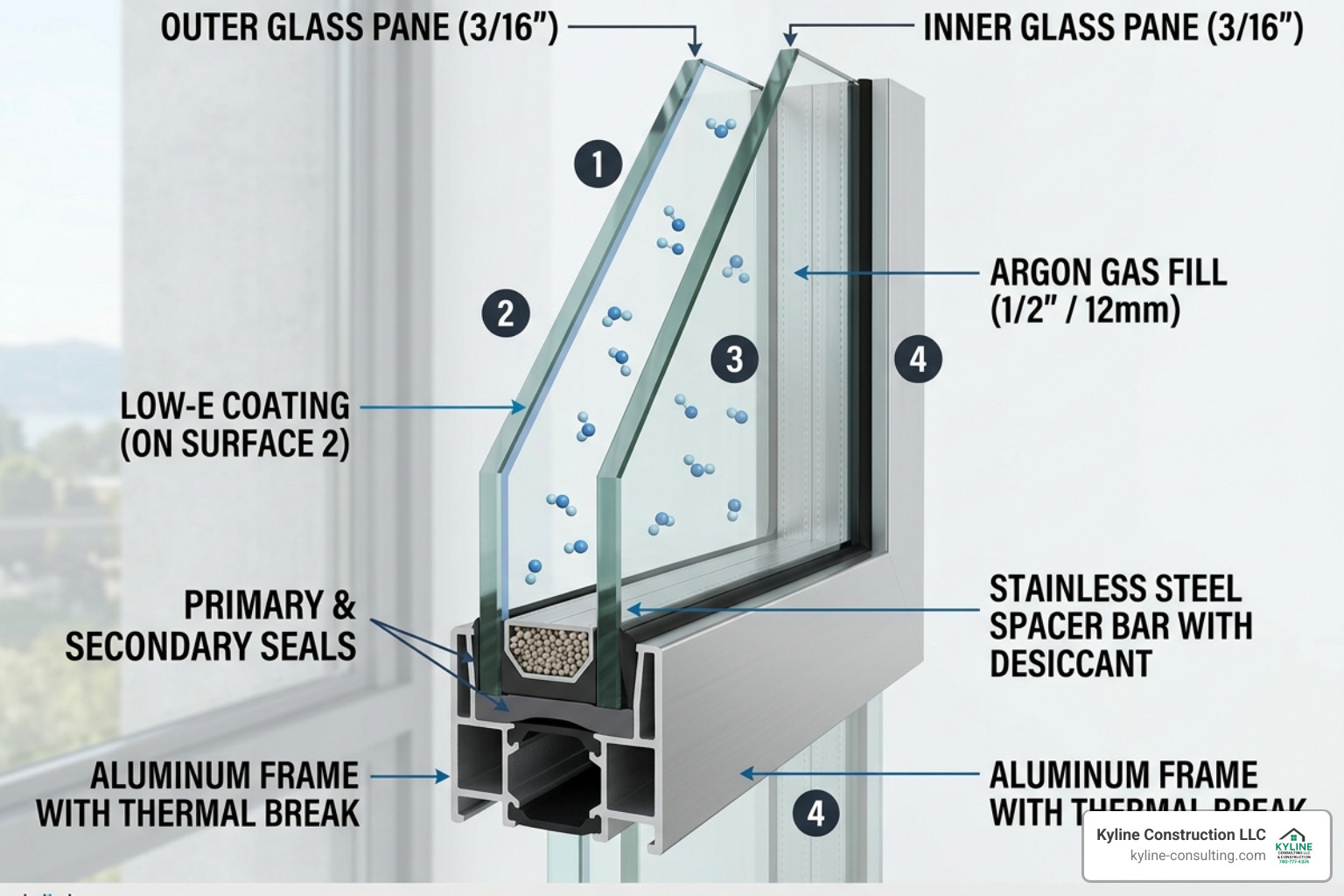 Cross-section of an insulated glass unit showing the panes, argon gas, and spacer - double pane low e glass