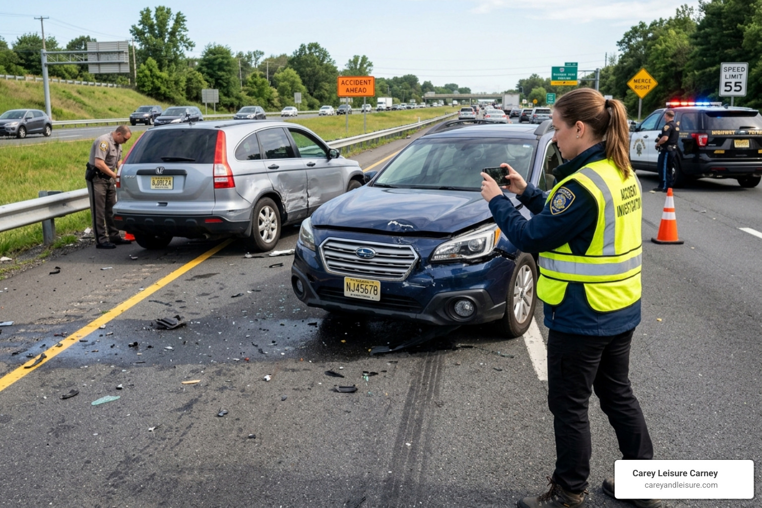 person documenting car accident scene - neck pain after car accident compensation