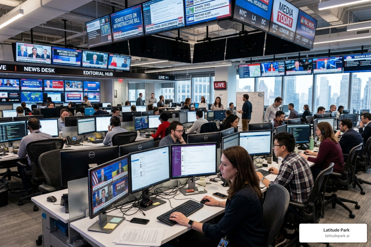 A digital newsroom showing journalists monitoring incoming news stories - pr for website