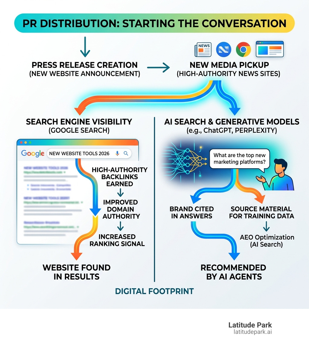 Infographic showing how PR distribution feeds into Google Search and AI models like ChatGPT - pr for website infographic 
