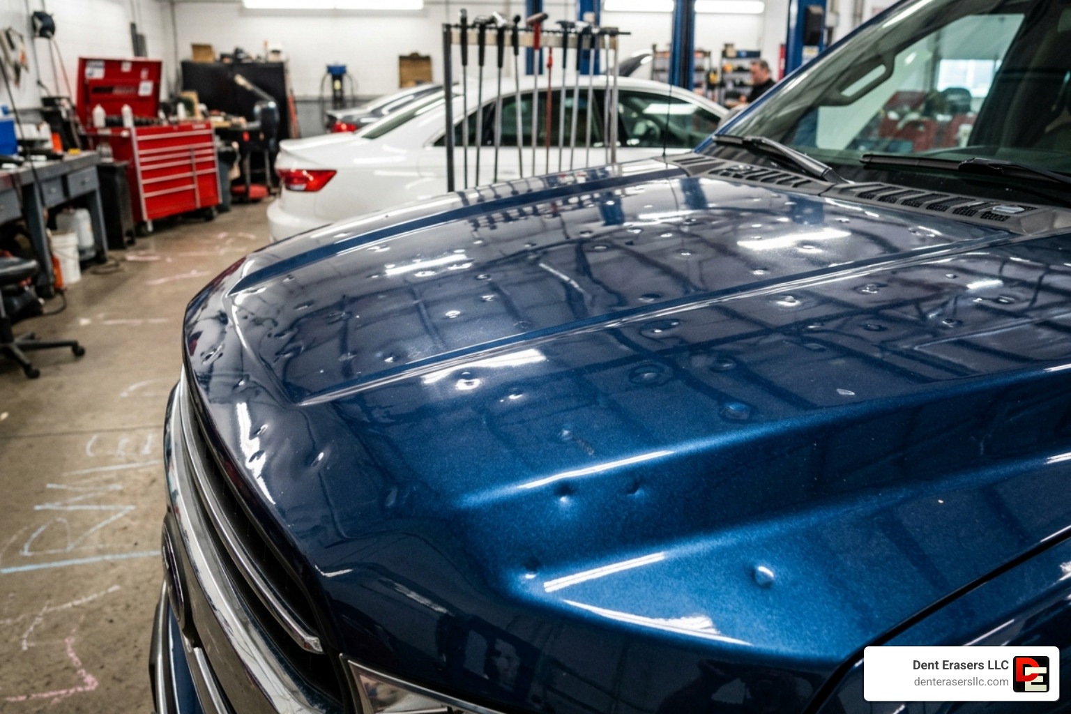 hail damage repair on car hood - automotive paintless dent removal Hail Damage Repair On Car Hood - Automotive Paintless Dent Removal