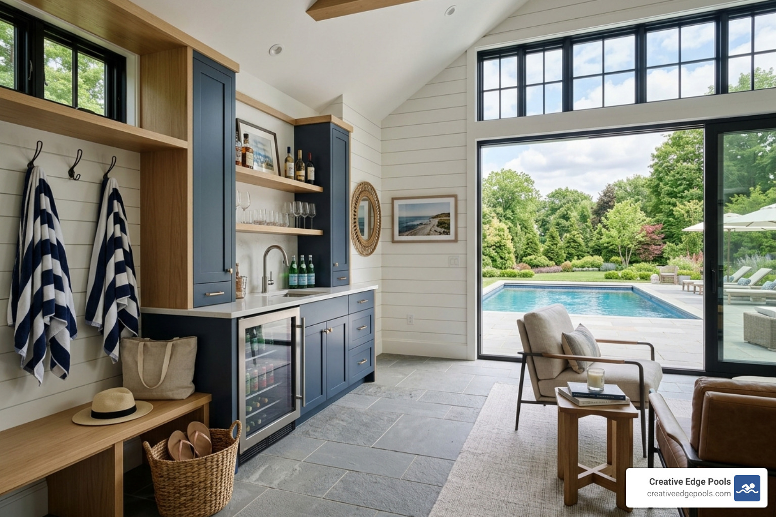 Pool house interior with a wet bar and changing area - pool house construction