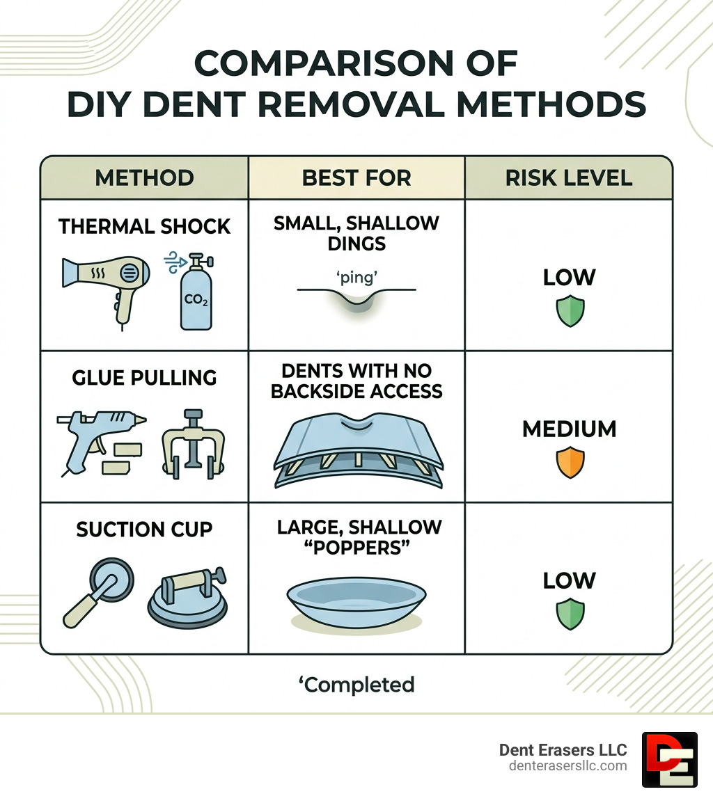 comparison table of DIY dent removal methods - remove dent from car hood infographic Comparison Table Of Diy Dent Removal Methods - Remove Dent From Car Hood Infographic