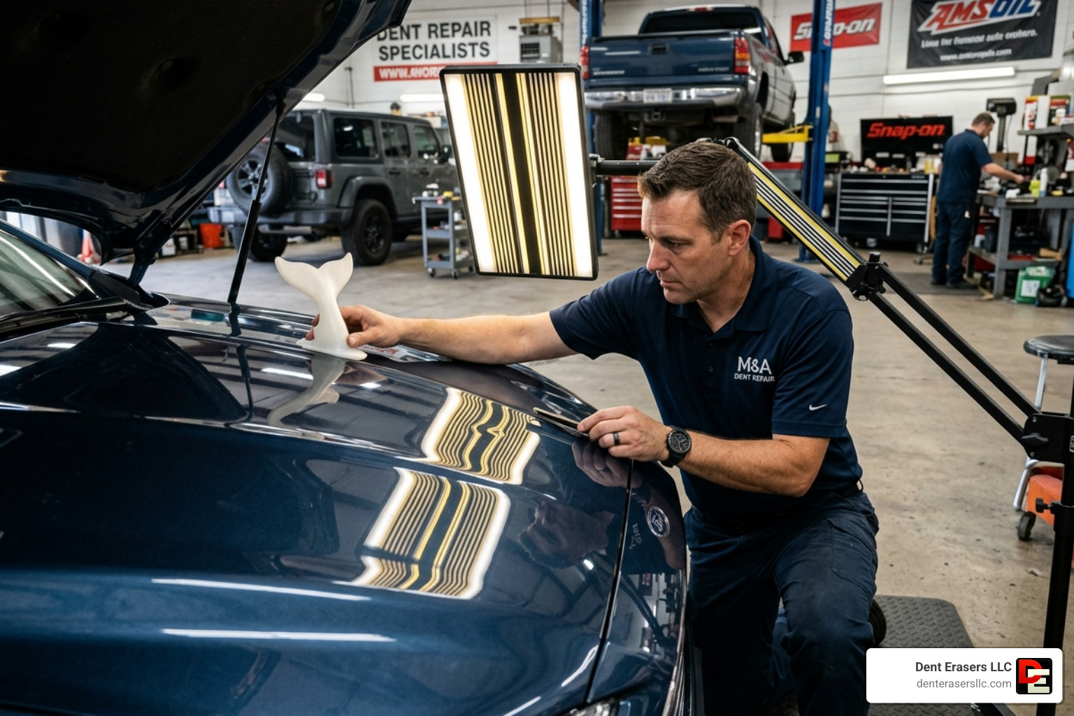 PDR technician using LED light board to see micro-shadows - remove dent from car hood Pdr Technician Using Led Light Board To See Micro-Shadows - Remove Dent From Car Hood