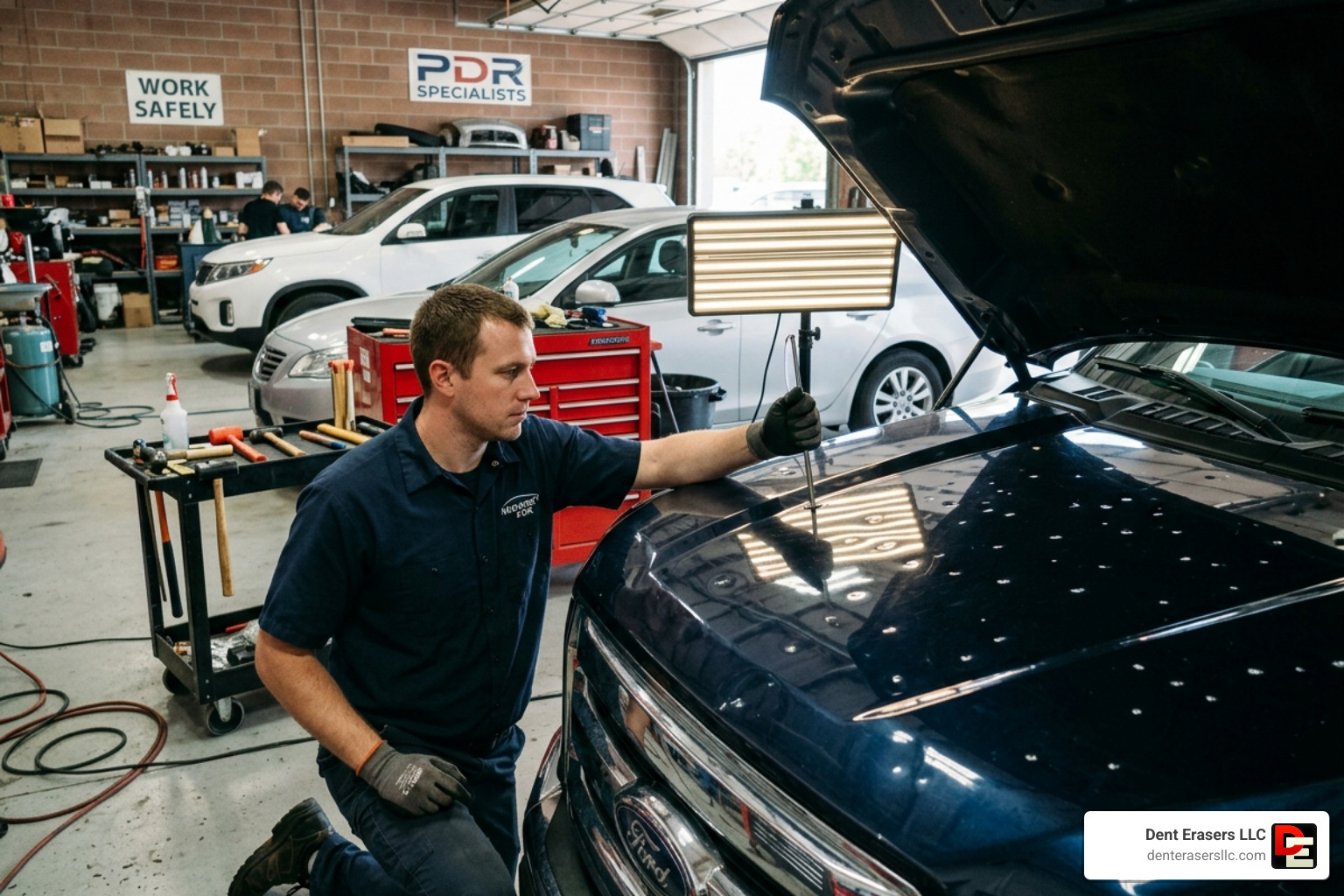 technician performing paintless dent repair on a vehicle with moderate hail damage under specialized PDR lights - paintless Technician Performing Paintless Dent Repair On A Vehicle With Moderate Hail Damage Under Specialized Pdr Lights - Paintless