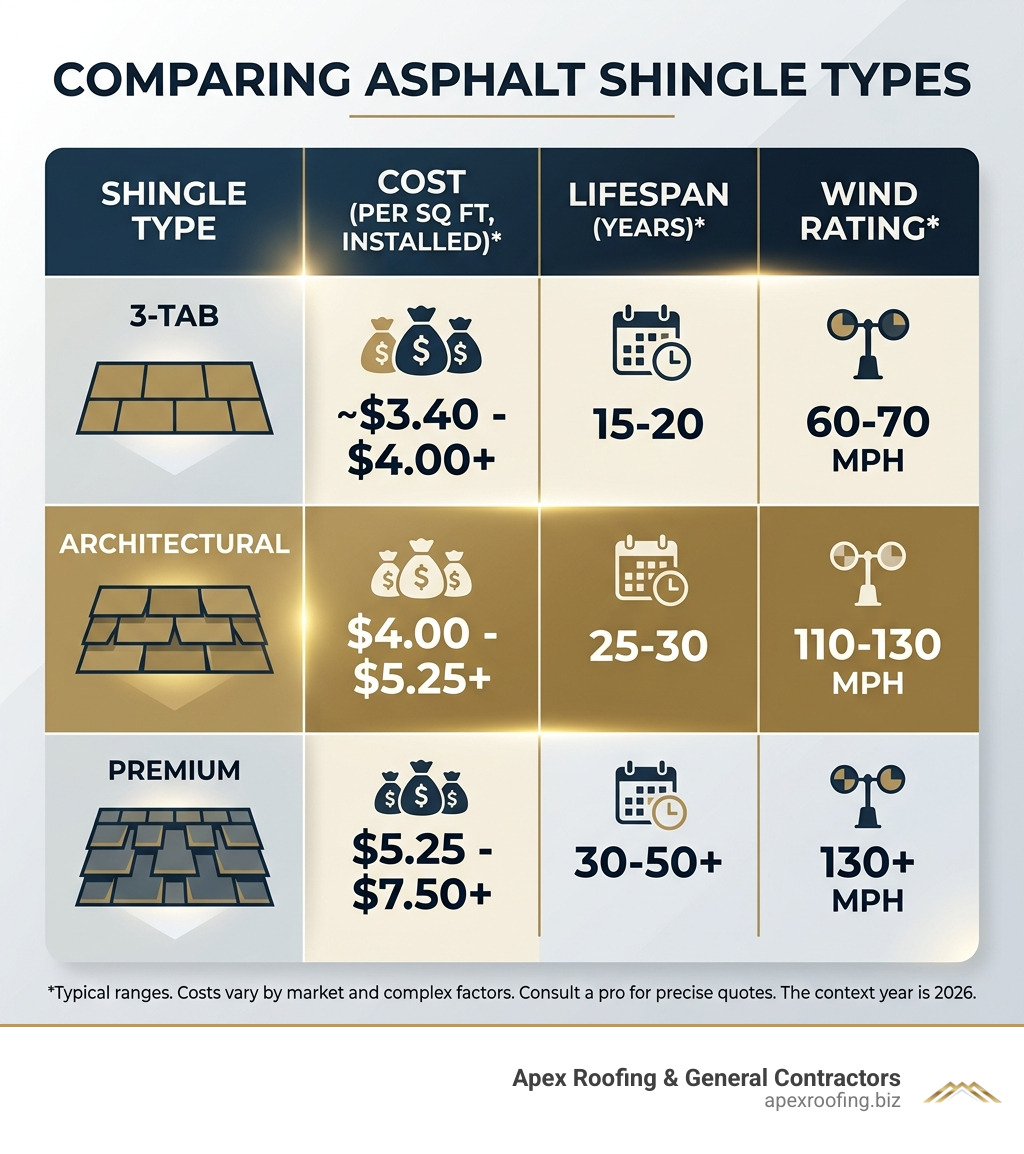 Table comparing 3-tab, Architectural, and Premium shingles by cost, lifespan, and wind rating - Asphalt shingle replacement