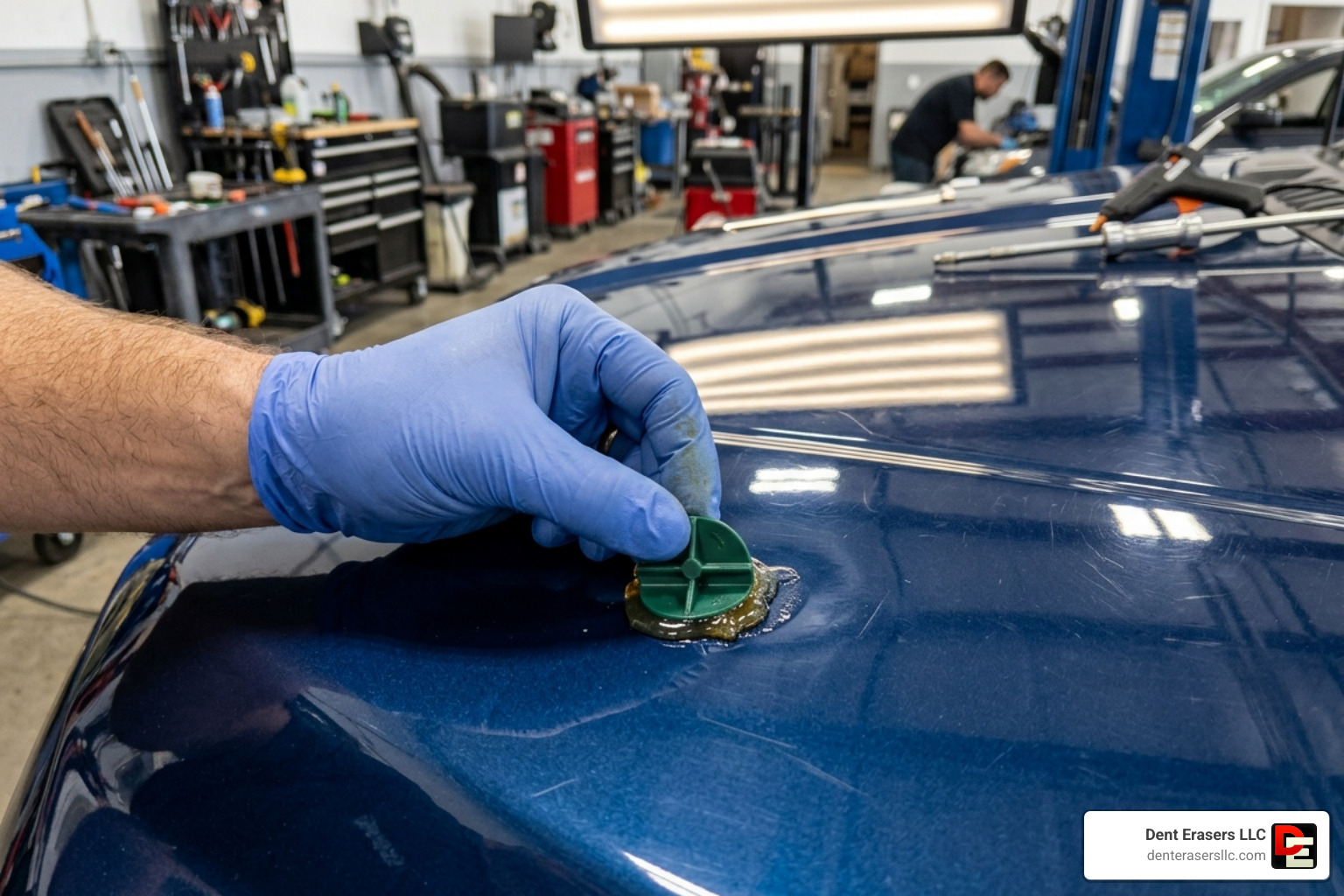 Applying A Glue Tab To The Center Of A Car Hood Dent - Car Hood Dent Removal