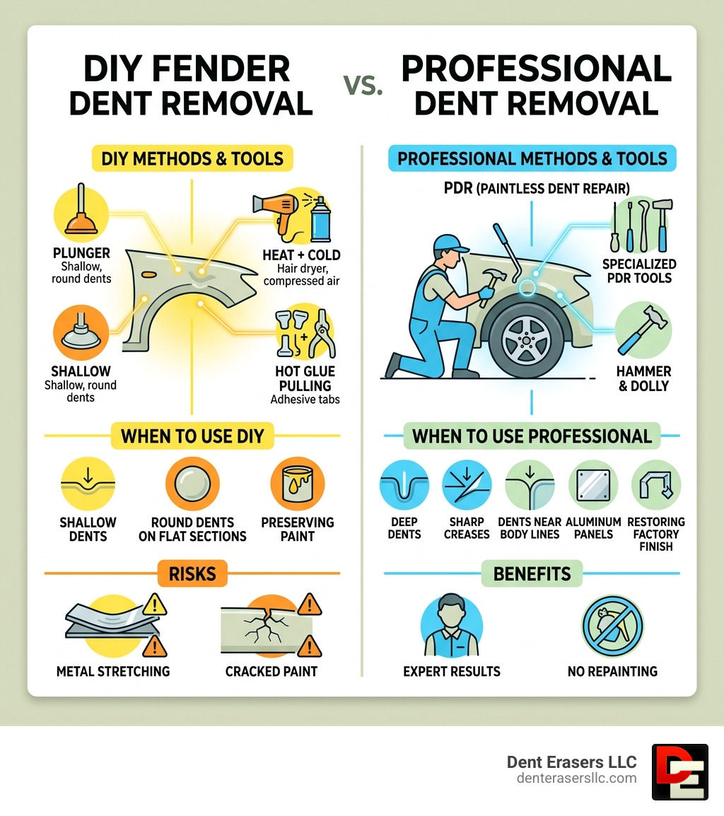 Infographic showing DIY vs professional fender dent removal methods, tools, and when to use each - remove dent from fender Infographic Showing Diy Vs Professional Fender Dent Removal Methods, Tools, And When To Use Each - Remove Dent From Fender