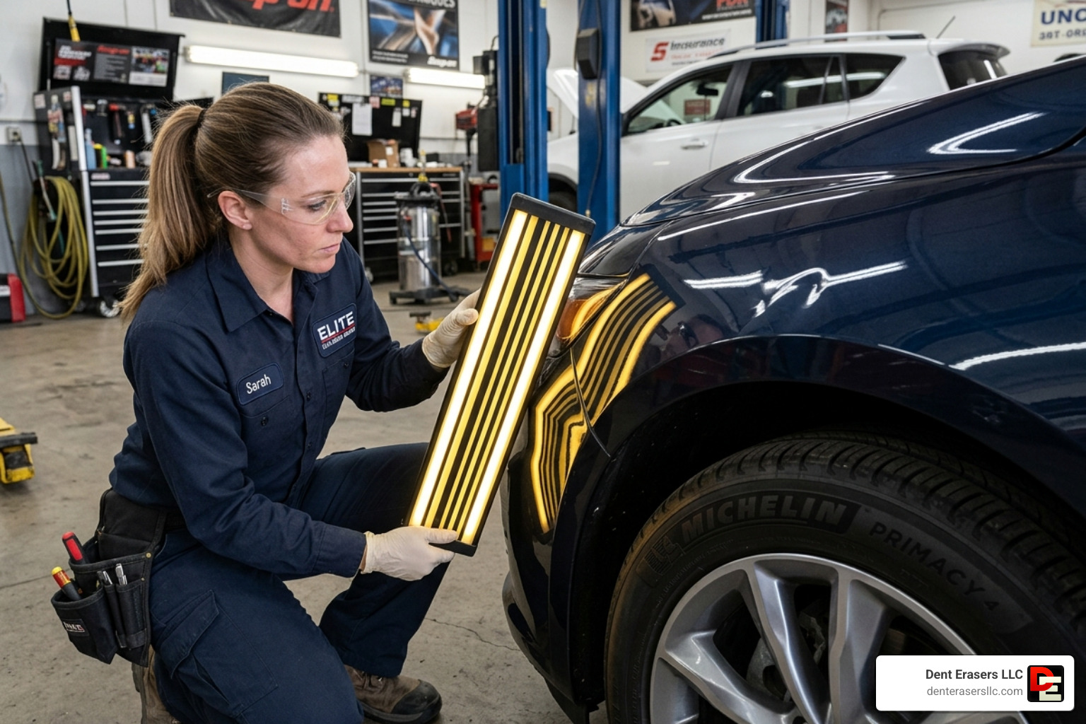 Technician inspecting a fender with an LED light to find high and low spots - remove dent from fender Technician Inspecting A Fender With An Led Light To Find High And Low Spots - Remove Dent From Fender