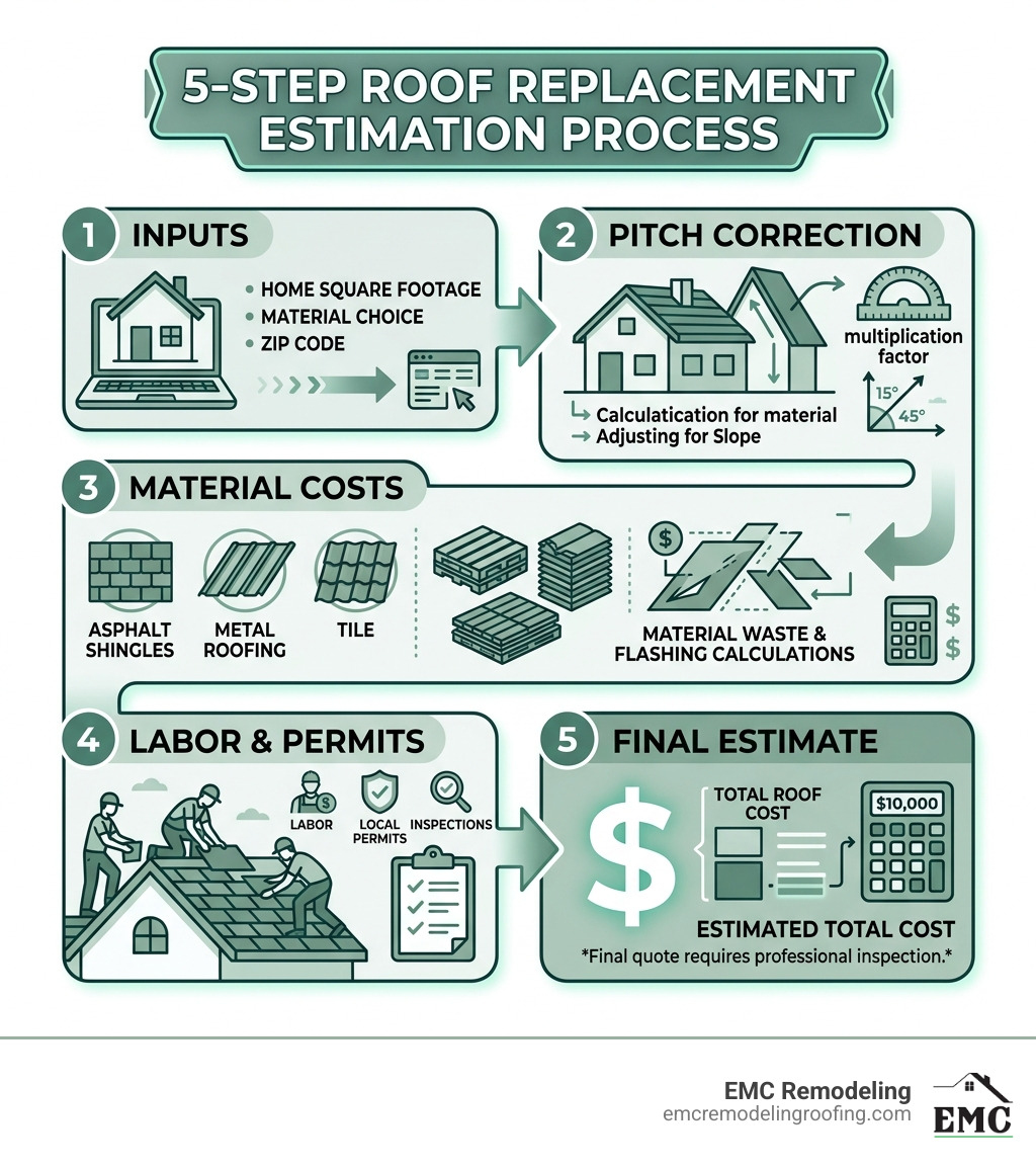 5-step roof replacement estimation process infographic with inputs, pitch correction, material costs, labor, and final