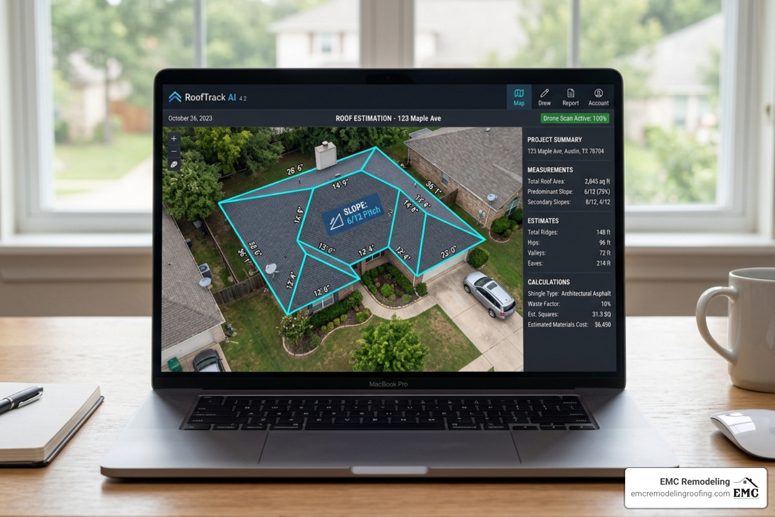 Digital interface showing aerial roof measurements and AI-calculated square footage - roof replacement estimate calculator
