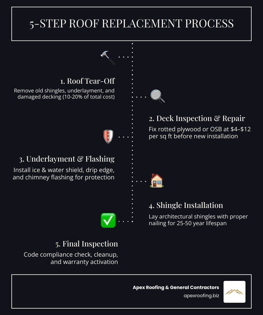 5-step roof replacement process from tear-off to final inspection with cost breakdown - new roof price calculator