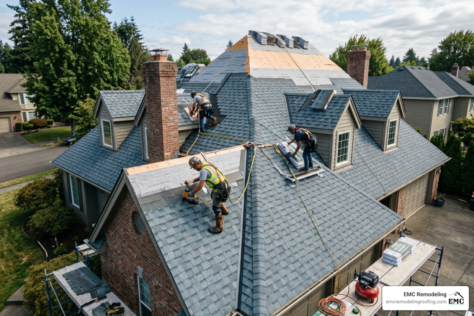 A complex roof with multiple gables, dormers, and steep pitches requiring specialized labor - roof replacement estimate