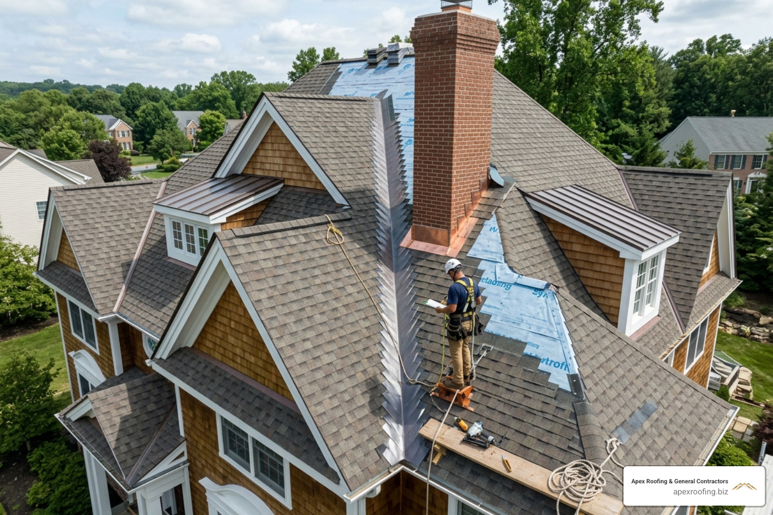 Steep-pitched roof featuring complex valleys, multiple dormers, and chimney flashing - new roof price calculator