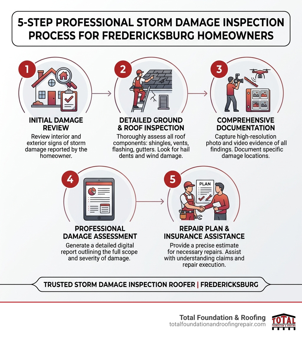 5-step professional storm damage inspection process infographic for Fredericksburg homeowners - storm damage inspection