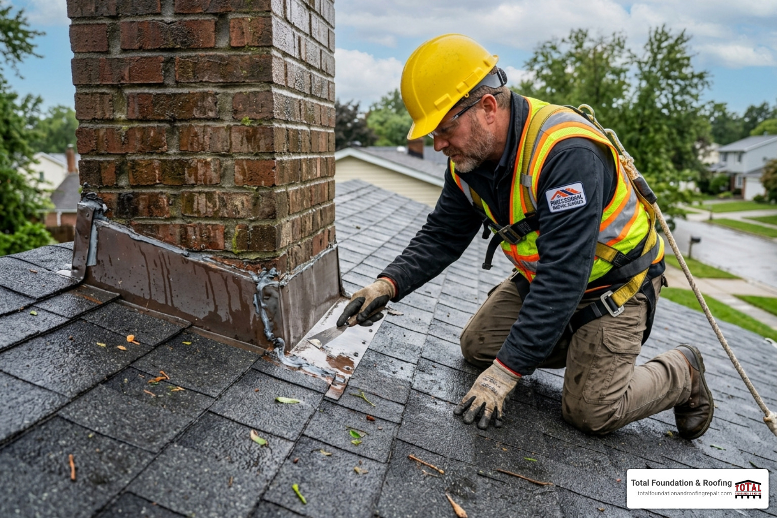 Roofer carefully inspecting flashing and seals around a chimney after a storm - storm damage inspection roofer Fredericksburg