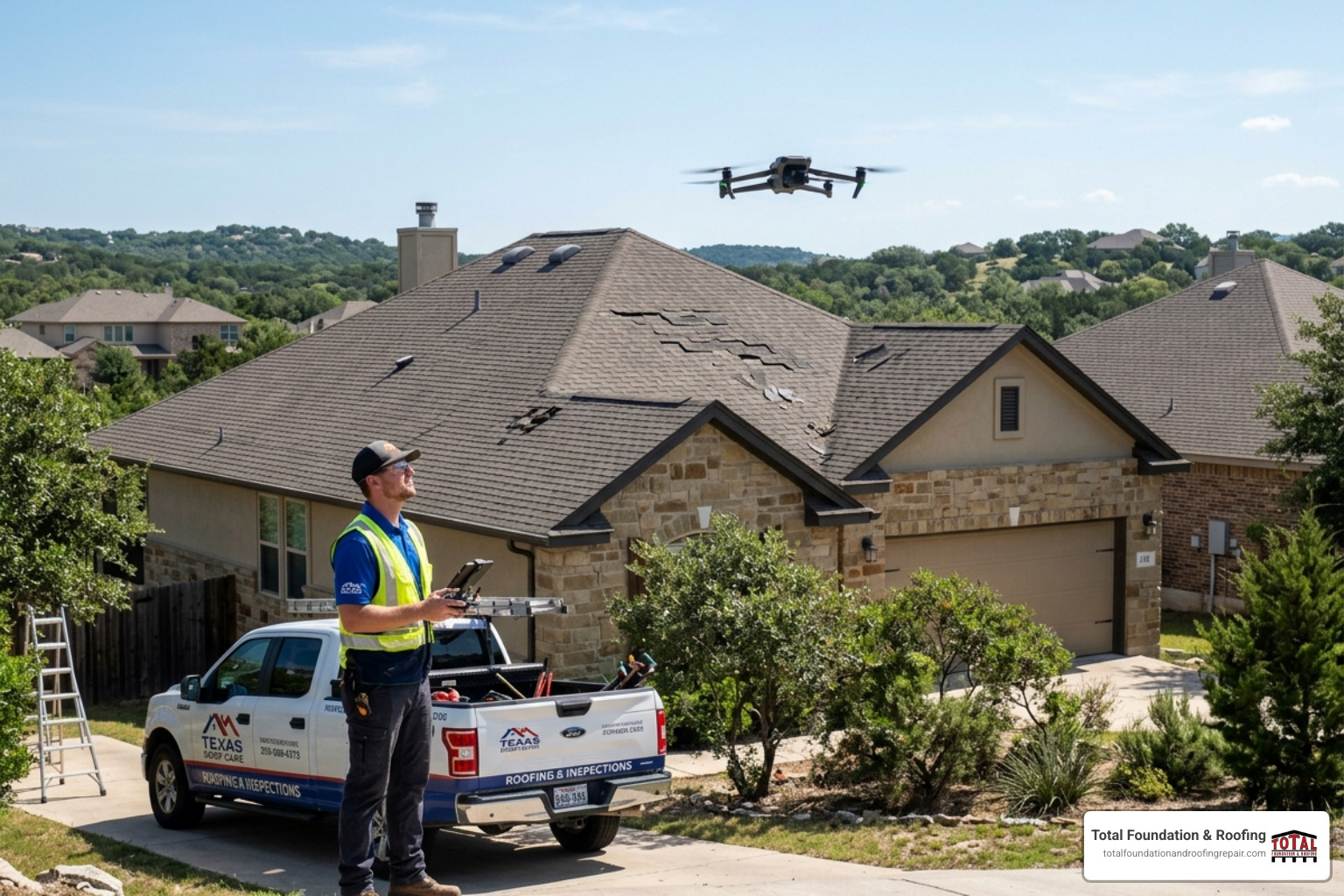 Professional roofer using a drone for high-tech storm damage inspection - storm damage inspection roofer Fredericksburg