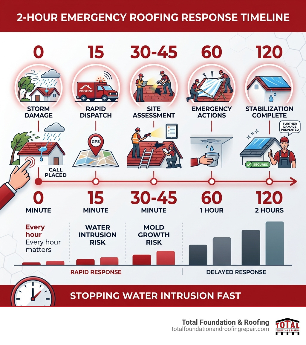 Infographic showing 2-hour emergency roofing response timeline from damage to stabilization - 24 hour emergency roofing