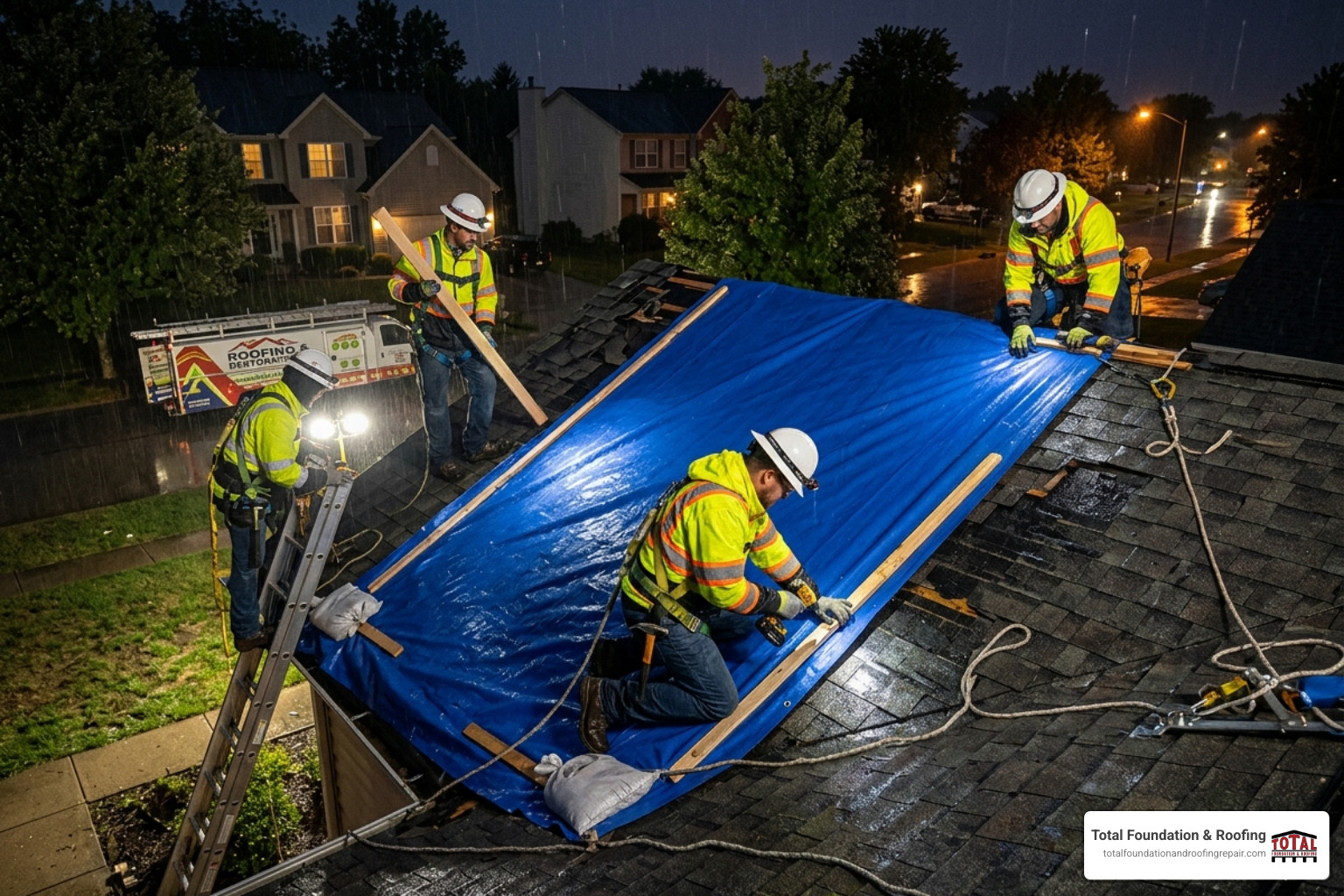 Professional roofers installing a heavy-duty emergency tarp on a damaged roof - 24 hour emergency roofing