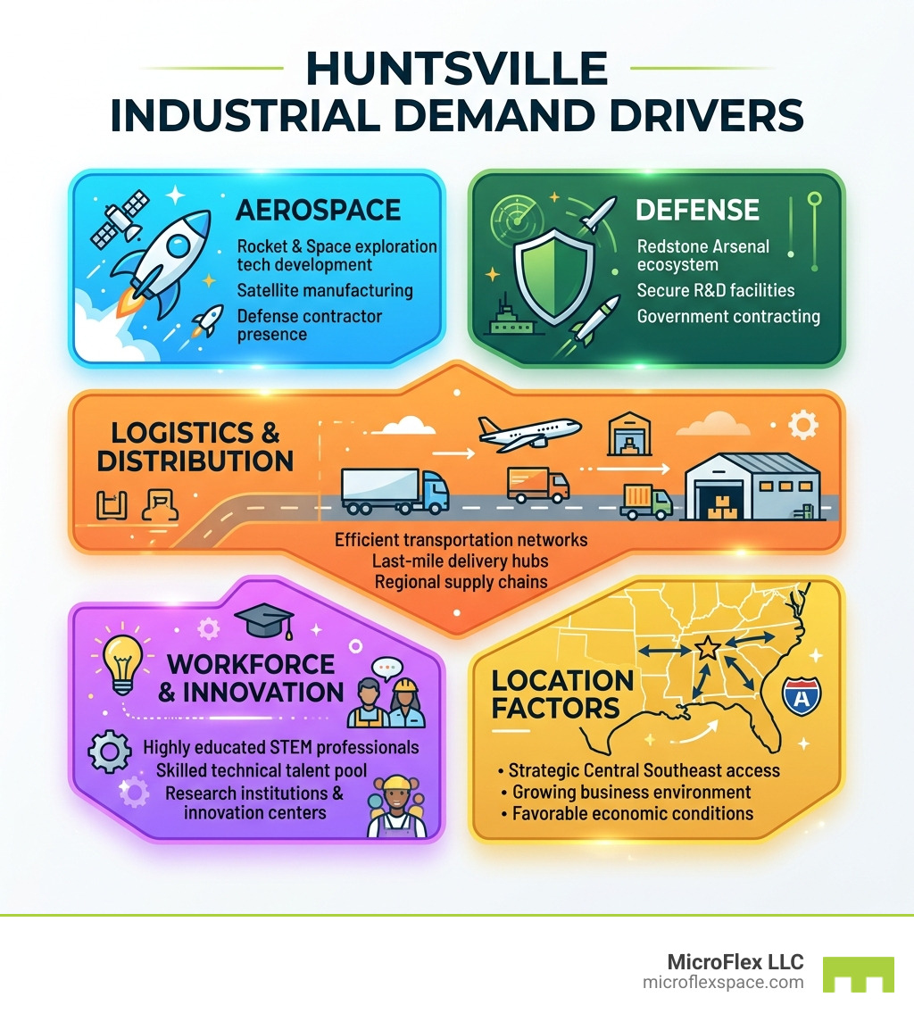 Huntsville industrial demand drivers infographic showing aerospace, defense, logistics, workforce, and location factors