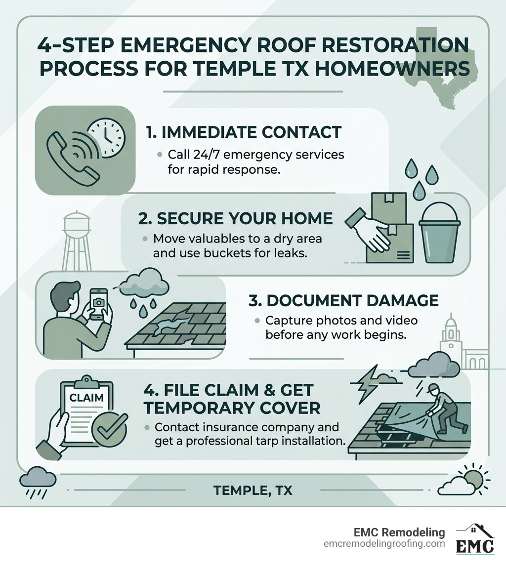4-step emergency roof restoration process infographic for Temple TX homeowners - emergency roof contractor temple