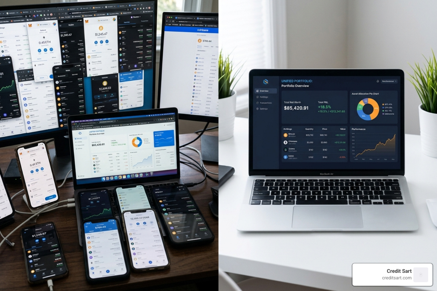 A fragmented view of multiple wallets compared to a unified, clean portfolio dashboard - crypto portfolio analysis