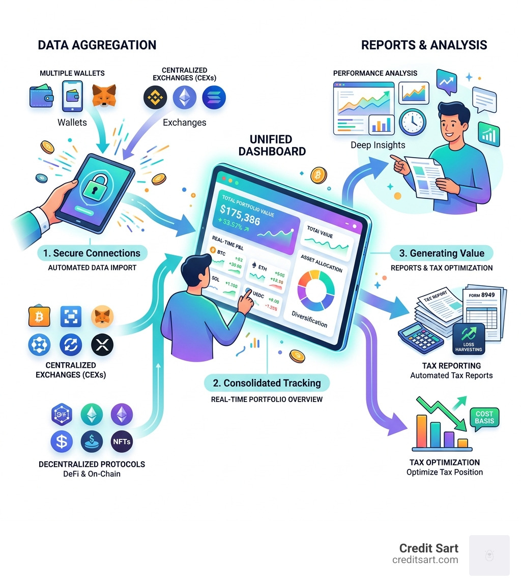 How crypto portfolio tracking works - from wallets to unified dashboard to tax reports - crypto portfolio analysis
