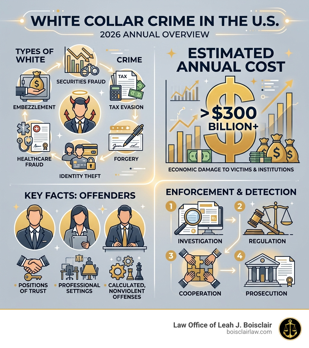 Infographic showing white collar crime types, $300B annual cost, and key facts about offenders and enforcement - white