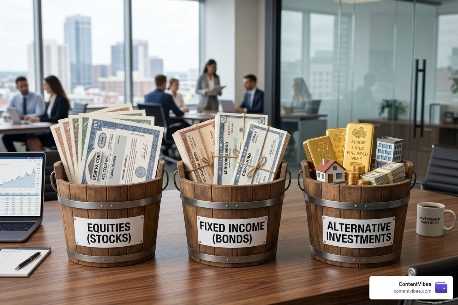 Diversified asset bucket strategy showing stocks, bonds, and alternative investments - Investment Growth Calculator