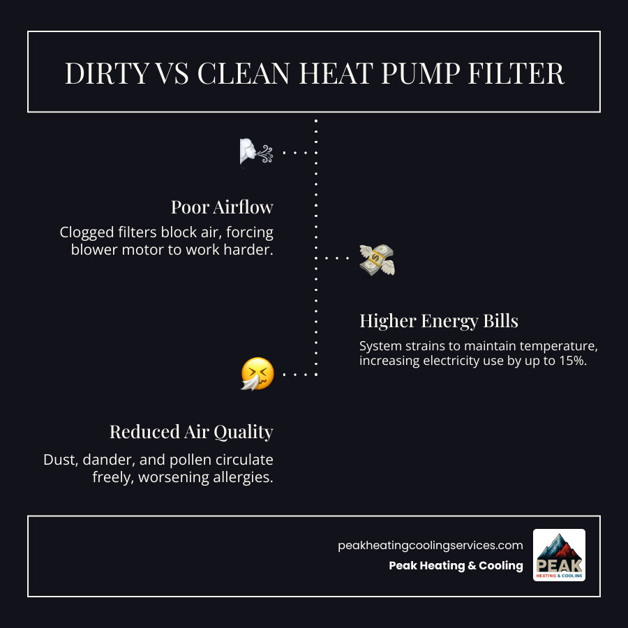 Infographic showing dirty vs clean heat pump filter impact on airflow, energy use, and air quality - heat pump filter change