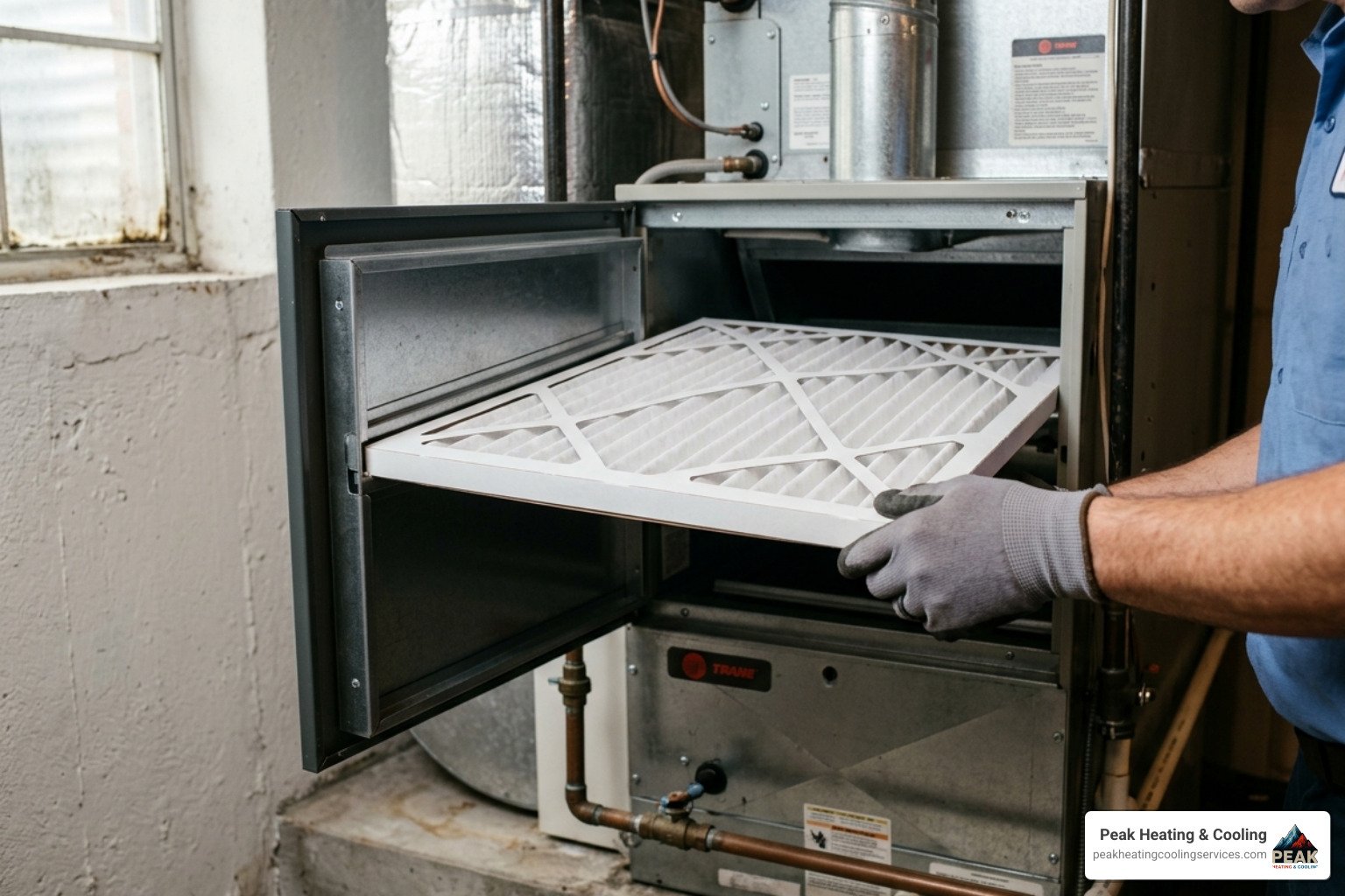 New pleated HVAC filter being inserted into a clean filter track - heat pump filter change